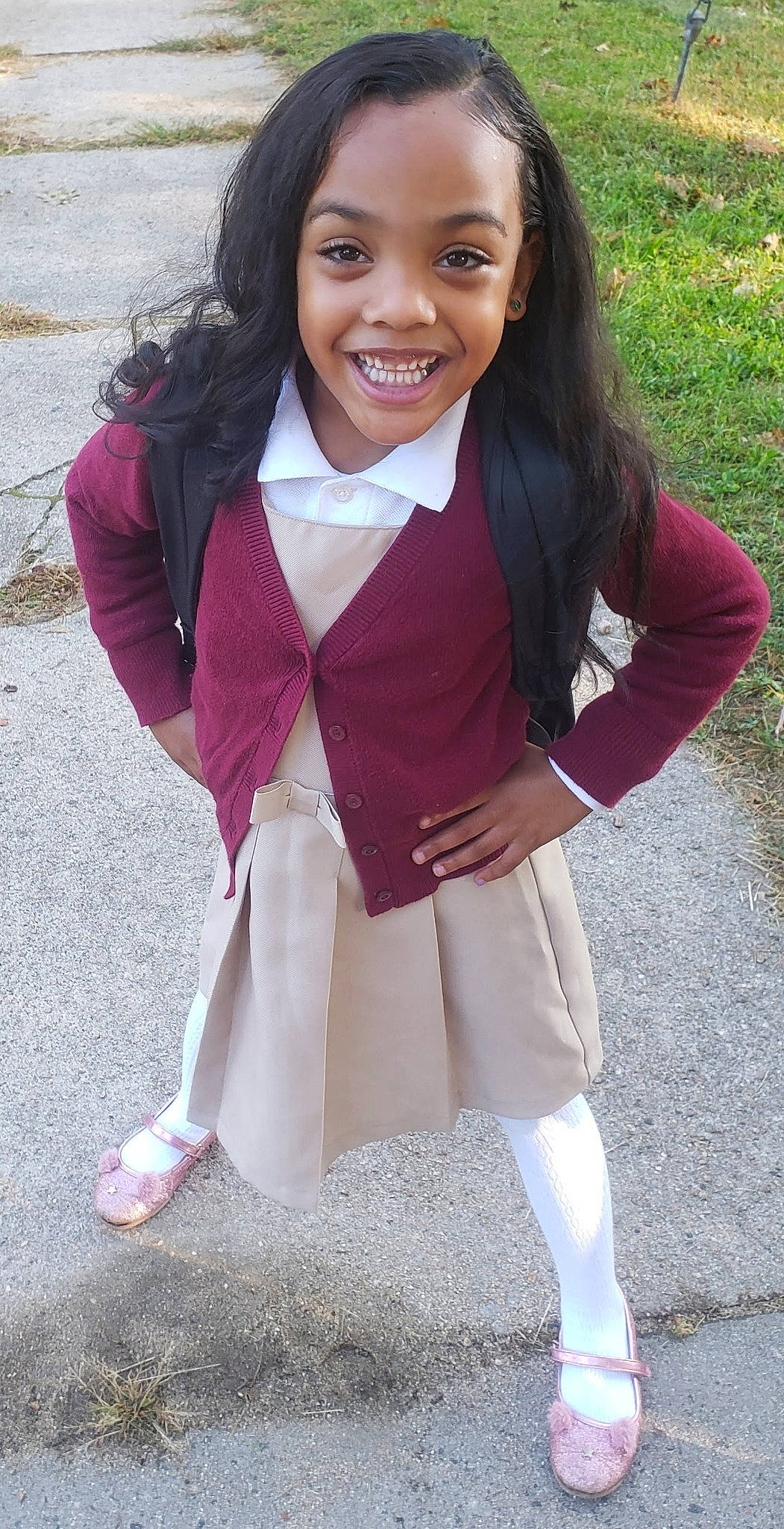 Crimson is registered to the contest to win money with this photo: blazer, brown_hair, child, child_model, clothing, costume, jacket, joy, long_hair, magenta, outerwear, person, pink, school_uniform, smile, uniform, white