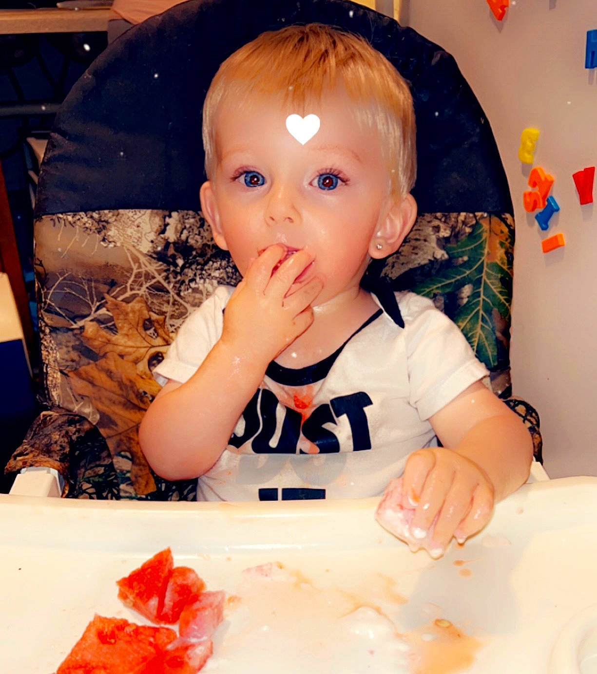 Austyn Jr joined the competition — help win amazing prizes! arm, baby, baby_toddler_clothing, cheek, child, comfort_food, dress, drinkware, finger, fun, happy, head, orange, person, play, sitting, sleeve, sweetness, table, toddler