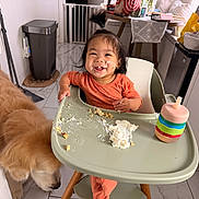 Emilia Harper is registered to the contest to win money with this photo: toddler, child, high_chair, messy, food, whipped_cream, smile, happy, golden_retriever, dog, kitchen, floor, drink_container, orange_clothing, table, chair, home, pet, indoor, baby