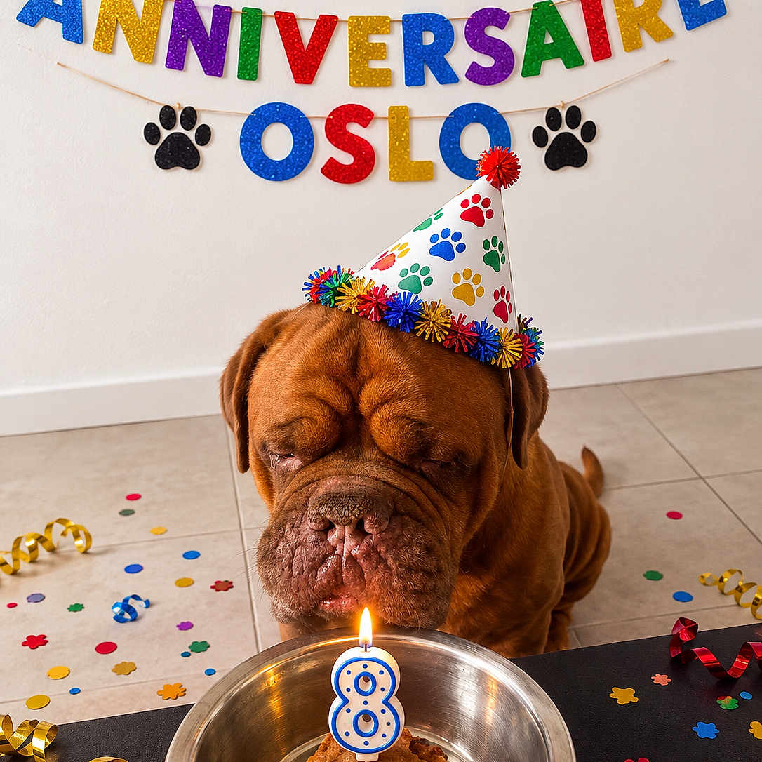 Oslo participe au concours pour gagner de l'argent avec cette photo : dog, bulldog, birthday, party_hat, cake, candle, number_eight, celebration, confetti, streamers, paw_prints, indoors, tile_floor, table, dog_bowl, brown_dog, wrinkles, festive, decoration, portrait