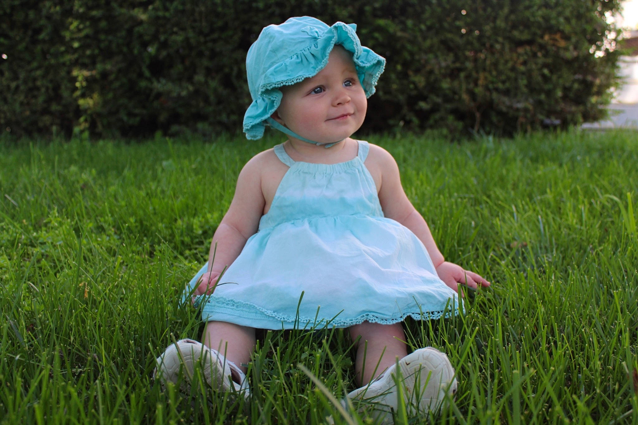 Danielle joined the competition — help win amazing prizes! baby, baby_toddler_clothing, child, dress, electric_blue, face, flash_photography, grass, grassland, happy, hat, headgear, headwear, joy, lawn, meadow, people_in_nature, person, photograph, plant