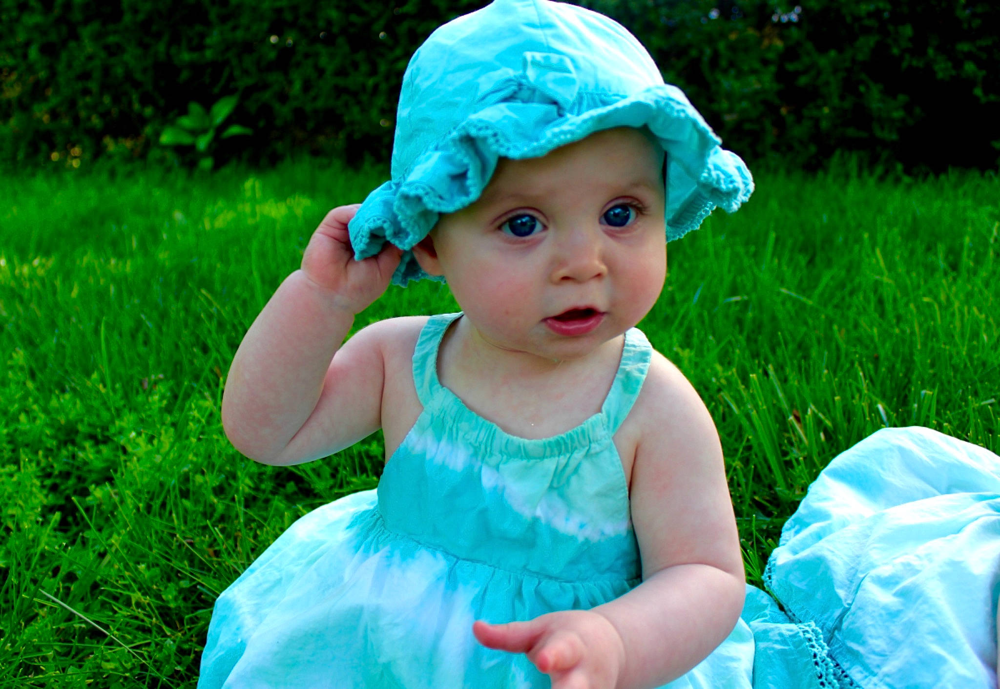 Elizabeth joined the competition — help win amazing prizes! baby, baby_toddler_clothing, cap, child, electric_blue, fun, grass, grass_family, grassland, green, happy, hat, headwear, leaf, meadow, people_in_nature, person, plant, skin, summer
