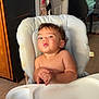 toddler, child, high_chair, kitchen, food, messy, pouting, funny_face, indoor, baby, seat, hands, face, expression, tray, door, furniture, curtain, floor, wall