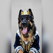 Oural a rejoint le concours — aidez-le/la à gagner de superbes lots ! dog, german_shepherd, crown, costume, royalty, portrait, tongue_out, fur, black_and_tan, pet, animal, clothing, regal, cute, expression, dog_face, posing, indoor, closeup, adorable