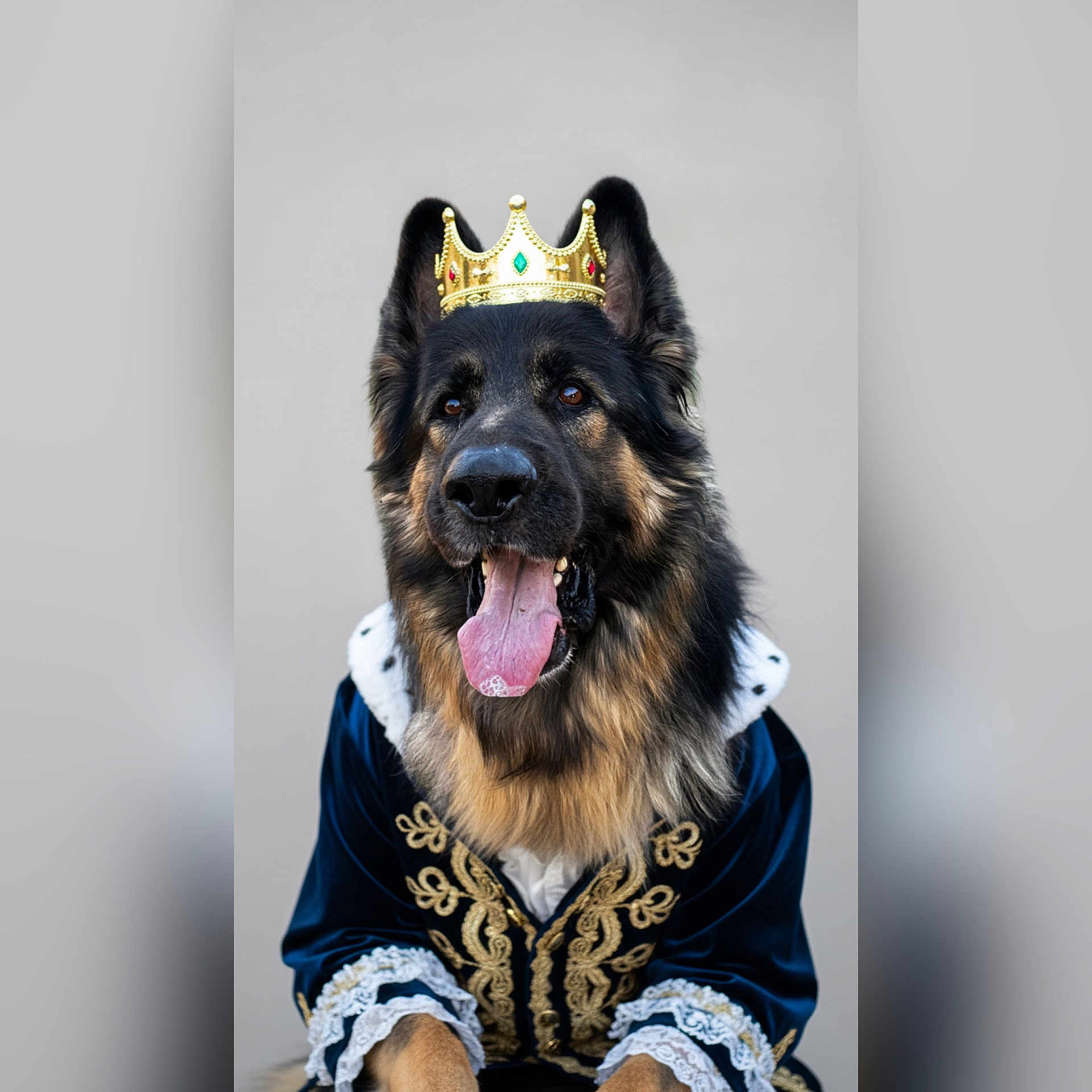 Oural a rejoint le concours — aidez-le/la à gagner de superbes lots ! dog, german_shepherd, crown, costume, royalty, portrait, tongue_out, fur, black_and_tan, pet, animal, clothing, regal, cute, expression, dog_face, posing, indoor, closeup, adorable