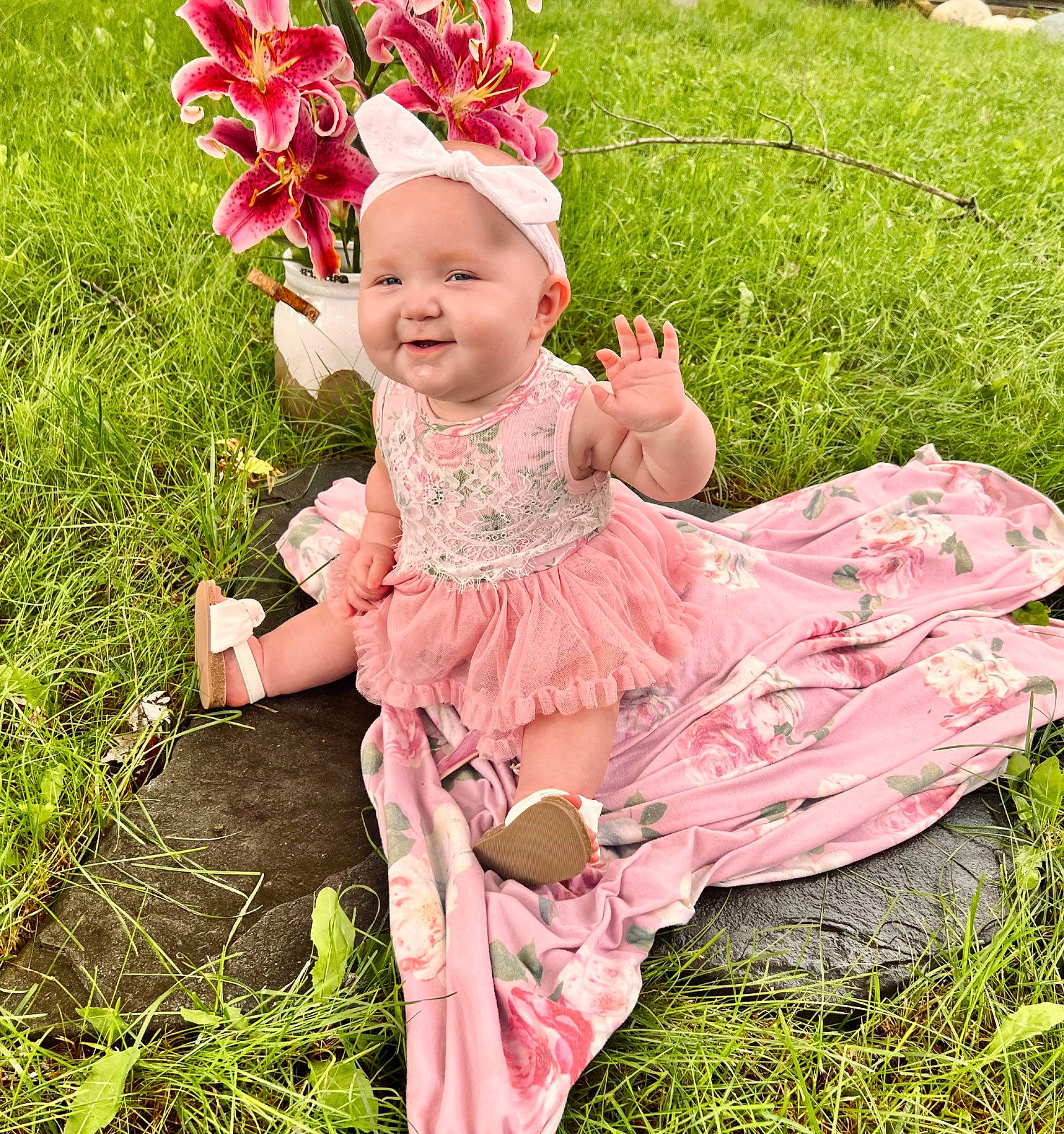 Kinsley joined the competition — help win amazing prizes! baby, baby_toddler_clothing, botany, dress, flower, fun, grass, grass_family, happy, joy, lawn, leaf, magenta, pattern, people_in_nature, person, petal, pink, plant, skin