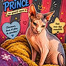 animal_art, blanket, cartoon_style, cat, colorful, cute, drawing, french_text, hairless_cat, heart, illustration, pet, pillow, purple, red_background, sphynx_cat, star, striped_background, text_overlay, yellow