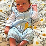 Anya is registered to the contest to win money with this photo: baby, infant, child, blue_outfit, blanket, pattern, bear, bee, cute, lying_down, soft_texture, indoors, comfortable, clothing, small_hand, foot, curious, portrait, cozy, resting