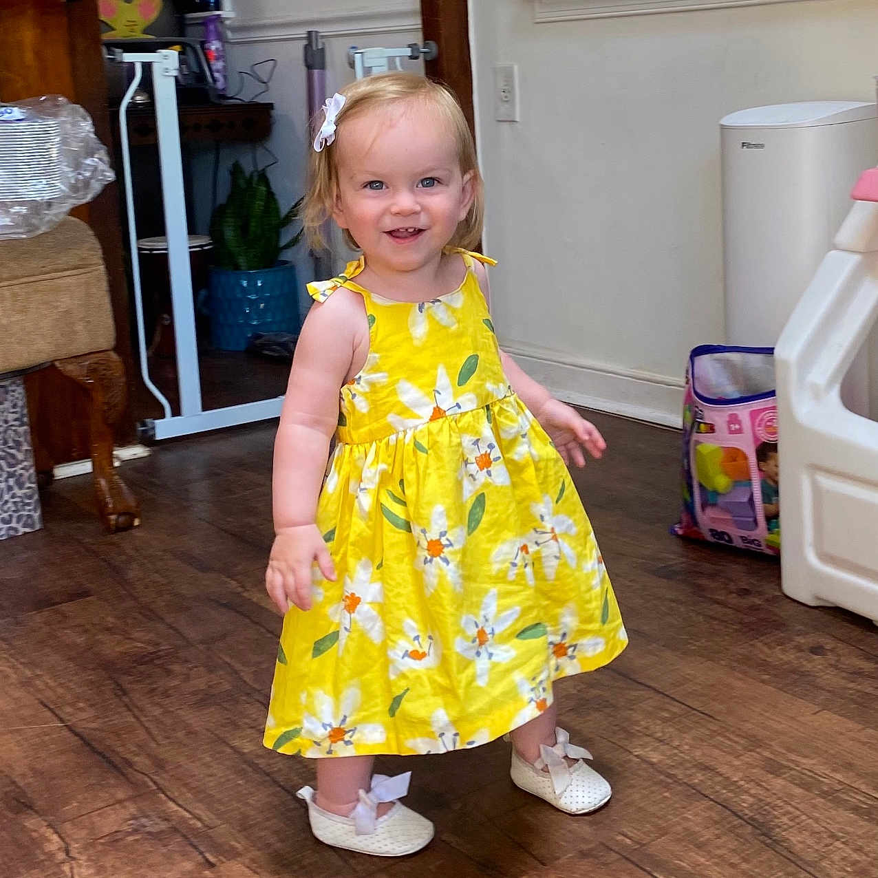 Scarlette is registered to the contest to win money with this photo: child, clothing, dress, face, female, footwear, girl, hardwood, head, jar, person, photography, plant, planter, portrait, pottedplant, pottery, shoe, vase, wood