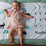 Peyton a rejoint le concours — aidez-le/la à gagner de superbes lots ! baby, infant, smiling, milestone_blanket, numbers, animal_prints, floral_dress, lying_down, happy, child, cute, indoor, person, skin, head, legs, arms, feet, celebration, month_marker