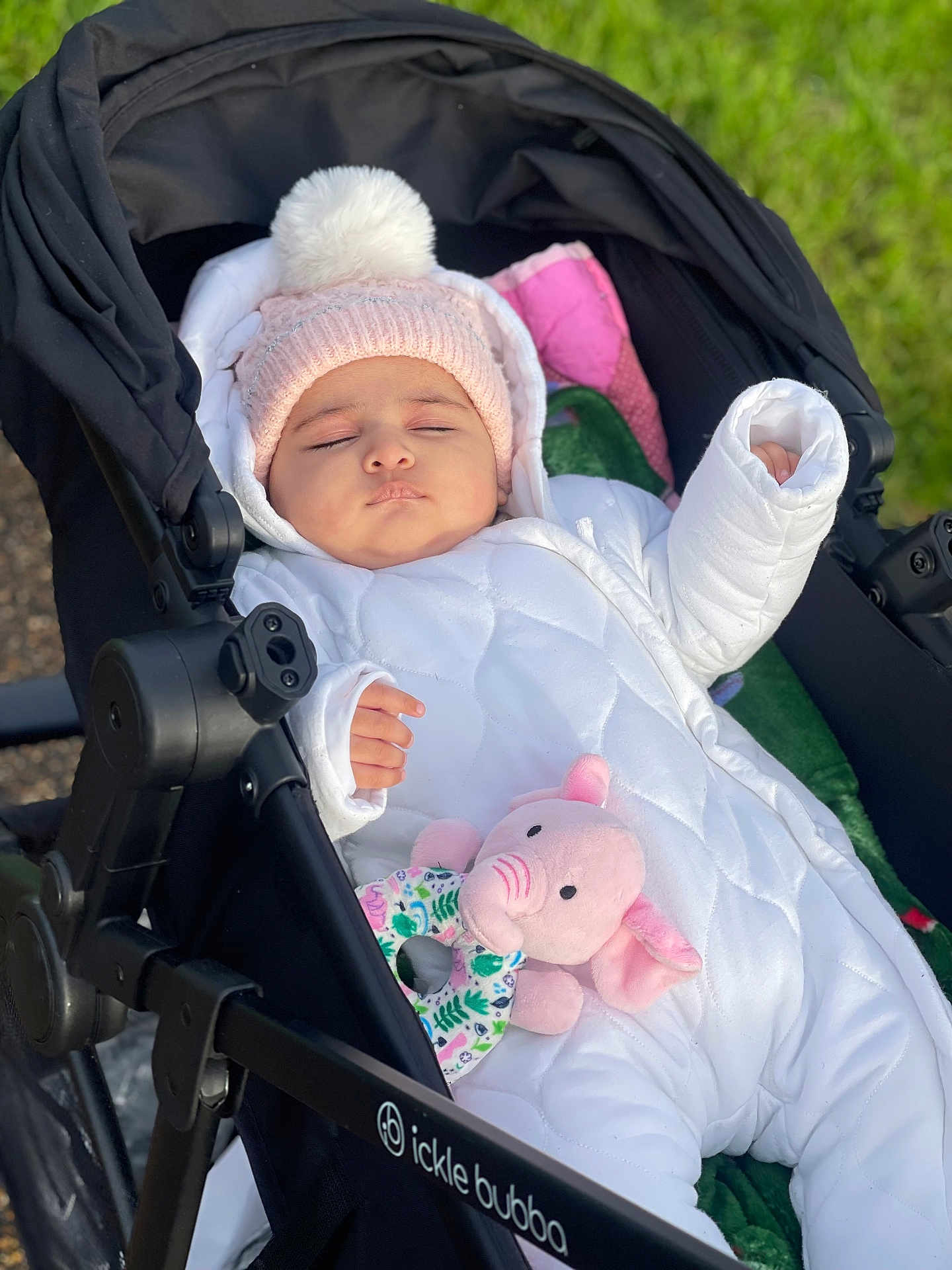 Hasrat joined the competition — help win amazing prizes! baby, bundle, child, closeup, cozy, cute, elephant_toy, grass, hand, infant, outdoor, peaceful, pink_hat, plush_toy, portrait, sleeping, soft_light, stroller, warm_clothing, white_snowsuit