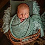newborn, baby, sleeping, blanket, basket, cozy, soft, wrapped, peaceful, infant, cute, resting, indoors, texture, wooden_floor, pillow, homedecor, portrait, baby_bedding, warm