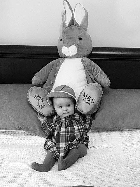 Chelsea joined the competition — help win amazing prizes! baby, black_and_white, child, design, ear, easter_bunny, family, head, headwear, monochrome, pattern, person, photograph, photography, rabbit, rabbits_and_hares, room, stuffed_toy, style, toddler