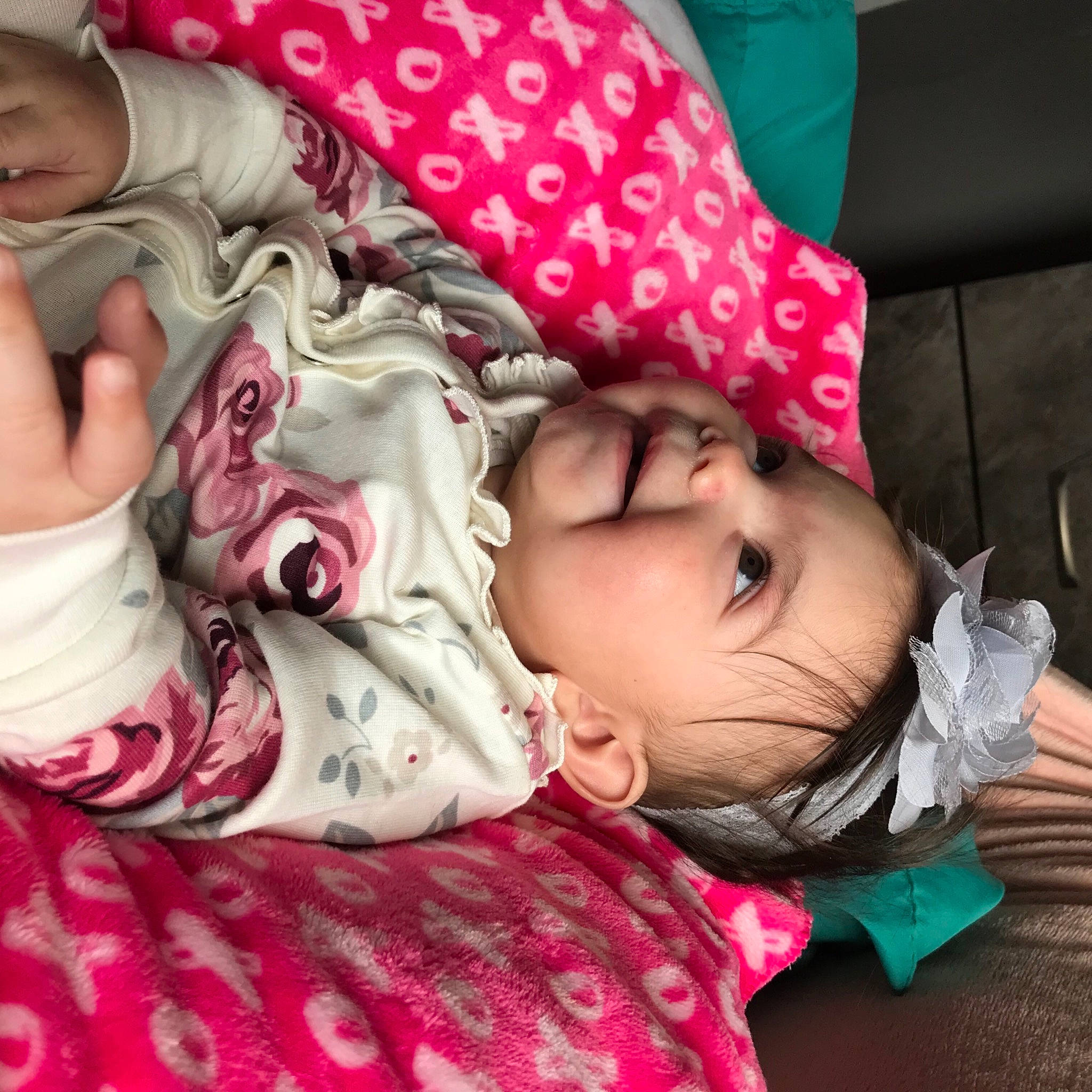 Anais joined the competition — help win amazing prizes! baby_toddler_clothing, cheek, comfort, eye, eyebrow, eyelash, face, happy, head, linens, lip, magenta, mouth, nose, pattern, person, pink, purple, skin, textile