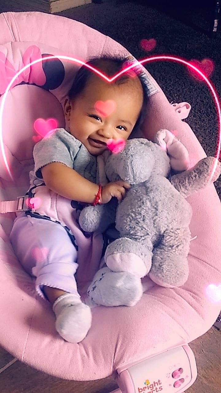 Esther joined the competition — help win amazing prizes! baby, cheek, child, doll, person, pink, smile, stuffed_toy, toddler, toy