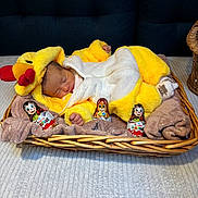 Romane a rejoint le concours — aidez-le/la à gagner de superbes lots ! baby, newborn, sleeping, costume, yellow, duck, basket, blanket, chocolate, kinder_surprise, toy, soft, cute, infant, indoors, resting, comfort, cozy, child, portrait
