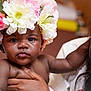 baby, child, close_up, cute, expression, face, family, floral, flower_crown, happy, headwear, holding, indoor, infant, love, mother, person, portrait, skin, smiling_woman