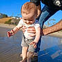 baby, child, adult, hands, water, beach, sand, sky, outdoor, sunny, shorts, tshirt, barefoot, palm_trees, reflection, smiling, playing, summer, family, nature