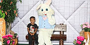 Dior joined the competition — help win amazing prizes! child, easter_bunny, mascot, bench, flowers, plant, pot, decoration, smile, happy, indoor, costume, holiday, spring, greenery, wood, carpet, person, cute, celebration