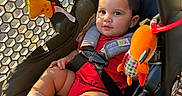 James Andrew Garcés joined the competition — help win amazing prizes! baby, car_seat, shopping_cart, plush_toy, sunlight, shadow, red_clothing, socks, infant, child, seatbelt, outdoor, metal, toy, cute, portrait, person, sitting, closeup, warm_light