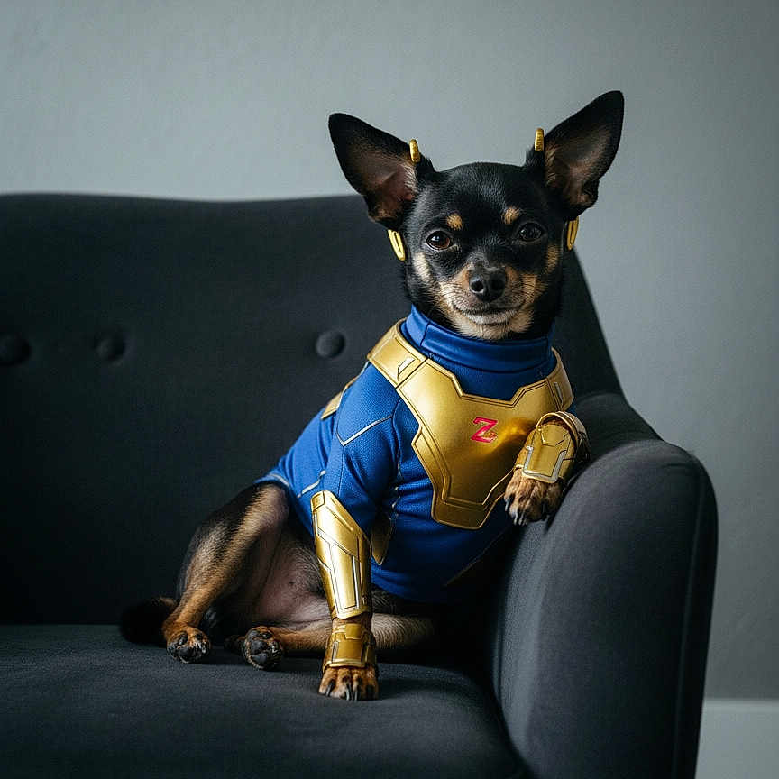 Joie Garcia is registered to the contest to win money with this photo: adorable, animal, armor, black_dog, blue, costume, couch, cute, dog, ears, furniture, gold, indoor, living_room, pet, portrait, posing, sitting, small_dog, superhero