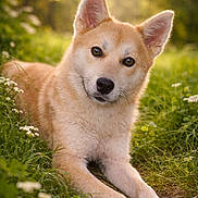 Neika participe au concours pour gagner de l'argent avec cette photo : bokeh, canine, dog, ears, eyes, fur, golden_coat, golden_hour, grass, lying_down, muzzle, nature, nose, outdoors, paws, pet, portrait, relaxed, sunlight, wildflowers
