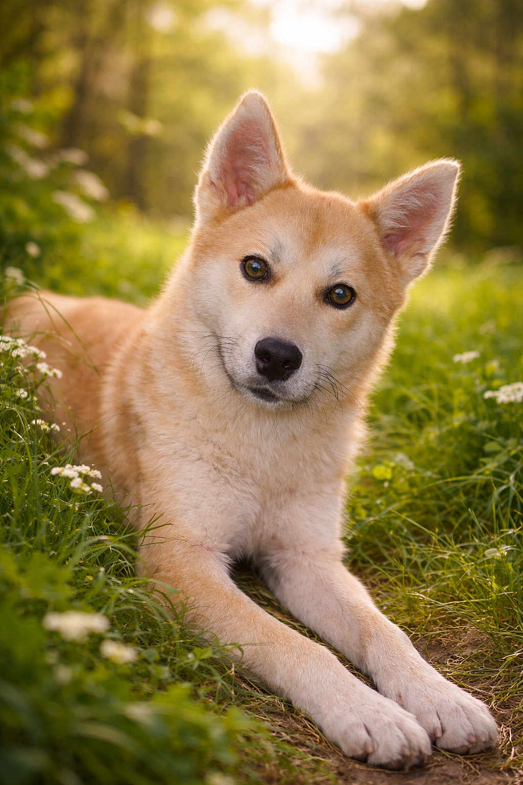 Neika participe au concours pour gagner de l'argent avec cette photo : bokeh, canine, dog, ears, eyes, fur, golden_coat, golden_hour, grass, lying_down, muzzle, nature, nose, outdoors, paws, pet, portrait, relaxed, sunlight, wildflowers