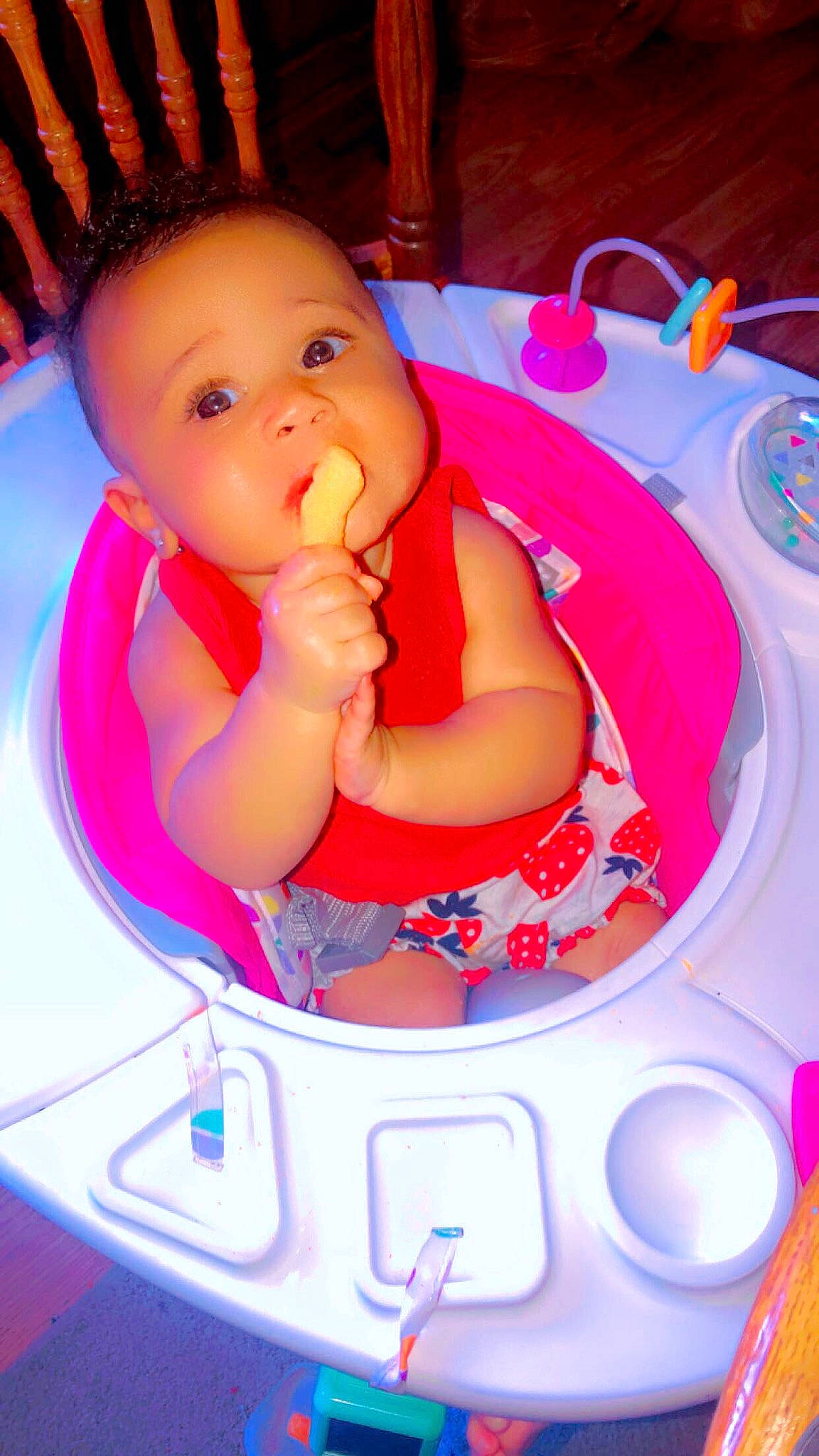 Majesty is registered to the contest to win money with this photo: baby, baby_products, baby_toddler_clothing, baby_toys, cheek, child, fun, happy, human_body, leisure, mouth, nose, party, person, pink, play, red, sitting, skin, sweetness