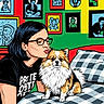Booger is registered to the contest to win money with this photo: woman, dog, pop_art, illustration, glasses, kiss, bedspread, checkered_pattern, framed_art, colorful, indoor, furry_dog, short_hair, black_shirt, seated, portrait, cute_dog, decor, living_room, comic_style