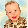 baby, child, smiling, face, jacket, bear_print, happy, cute, portrait, young_child, light_background, expression, teeth, eyes, hair, clothing, infant, closeup, warm, adorable