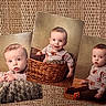 Owen joined the competition — help win amazing prizes! baby, photograph, portrait, child, basket, smile, expression, woven, texture, fabric, clothing, sitting, cute, infant, background, warm_tones, studio, soft_lighting, face, head