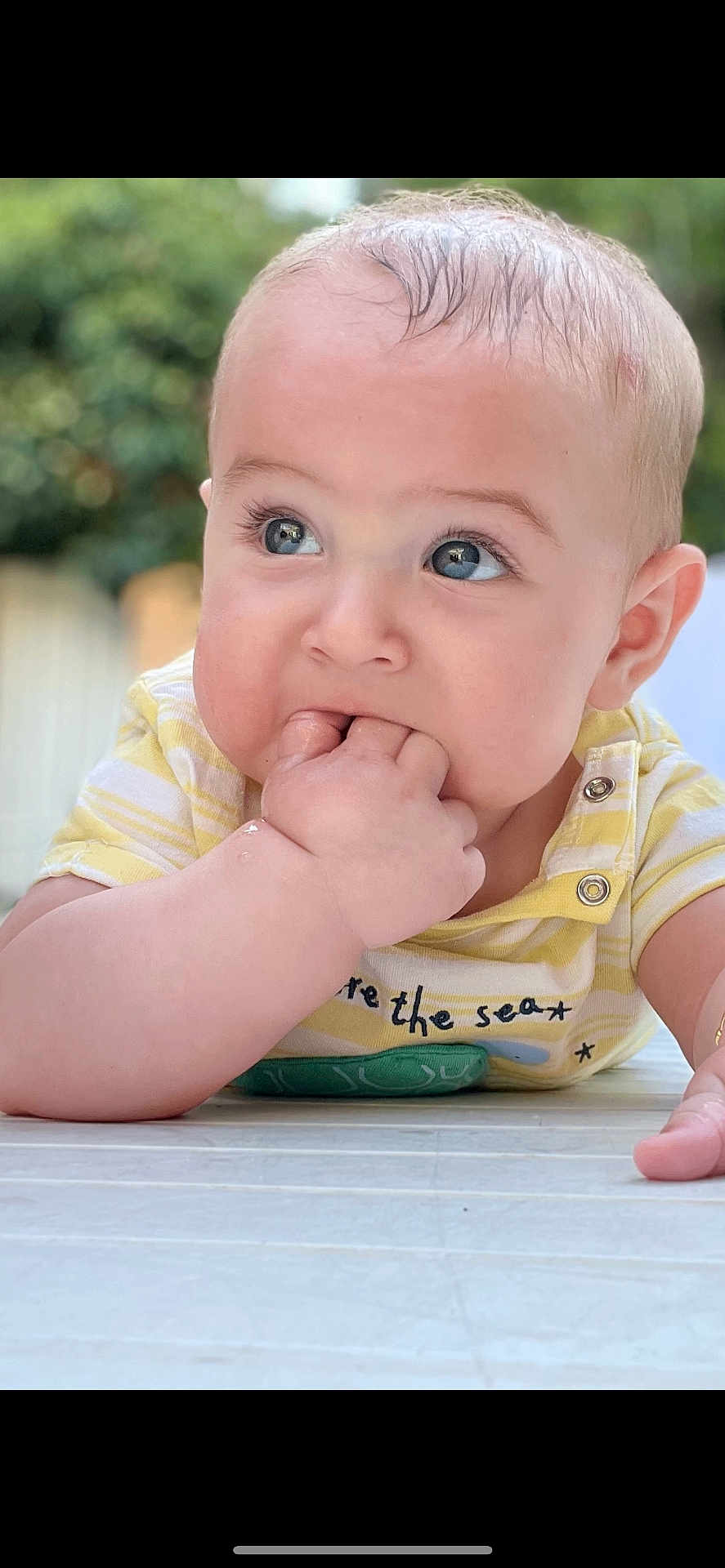 Alessio a rejoint le concours — aidez-le/la à gagner de superbes lots ! baby, infant, child, face, hand, fingers, curious, cute, yellow_shirt, striped_clothing, lying_down, floor, portrait, close_up, skin, eyes, expression, outdoor, nature, blurred_background