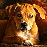 Preacher is registered to the contest to win money with this photo: dog, puppy, portrait, golden, brown, short_hair, floppy_ears, front_facing, sitting, paws, claws, black_nose, brown_eyes, white_chest, serious_expression, indoor, couch, fabric, warm_lighting, text_overlay