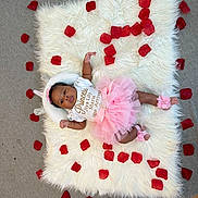 Jiya is registered to the contest to win money with this photo: baby, infant, pink_tutu, rose_petals, white_rug, fluffy_rug, flower_accessories, headband, laying_down, cute, adorable, portrait, child, soft_texture, decorative, celebration, home, floor, skin, clothing