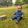Ethan joined the competition — help win amazing prizes! baby, child, sitting, grass, park, outdoor, tree, tree_stump, plaid_shirt, blue_clothing, barefoot, smiling, portrait, greenery, lawn, nature, daylight, infant, playful, landscape
