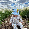 Ethan is registered to the contest to win money with this photo: baby, child, tulip_field, white_flowers, outdoor, garden, flower_garden, sitting, infant, sunhat, blue_hat, bear_decoration, baby_clothing, onesie, construction_vehicles, wood_chips, cloudy_sky, nature, portrait, spring