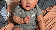 Akani joined the competition — help win amazing prizes! baby, child, sitting, bed, sneakers, nike, gray_clothing, red_sole, curious_expression, indoors, pillow, headboard, blanket, footwear, infant, cute, room, person, portrait, young_child