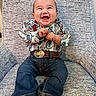 baby, child, smile, happy, jeans, shirt, belt, armchair, socks, indoor, portrait, cute, seated, infant, clothing, furniture, person, expression, joy, small