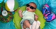 Colter is registered to the contest to win money with this photo: baby, sunglasses, inflatable_ring, toy_ball, bottle, blue_background, baby_clothes, socks, infant, indoor, playtime, colorful, relaxing, cute, child, fun, summer_theme, plastic, bright_colors, accessories