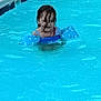 child, pool, water, floaties, blue, swimming, wet_hair, outdoor, summer, playful, cute, fun, safety, recreation, leisure, kid, person, swimwear, splash, young