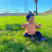 Zamara is registered to the contest to win money with this photo: toddler, child, grass, outdoor, sunny, blue_sky, orange_top, pants, shoes, hair_ponytail, tree, palm_tree, power_lines, fence, field, daylight, sitting, nature, person, curious