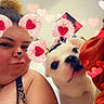 person, dog, selfie, indoor, heart_filter, pink_ears, white_dog, closeup, cute, face, pet, love, fun, animal, furry, portrait, happy, cozy, casual, bedroom