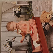 Chole is registered to the contest to win money with this photo: child, cute, daisies, dress, flower, girl, happy, indoor, person, playful, portrait, potted_plants, red_wagon, sitting, smiling, teddy_bear, toy, vintage, wagon, wooden_background