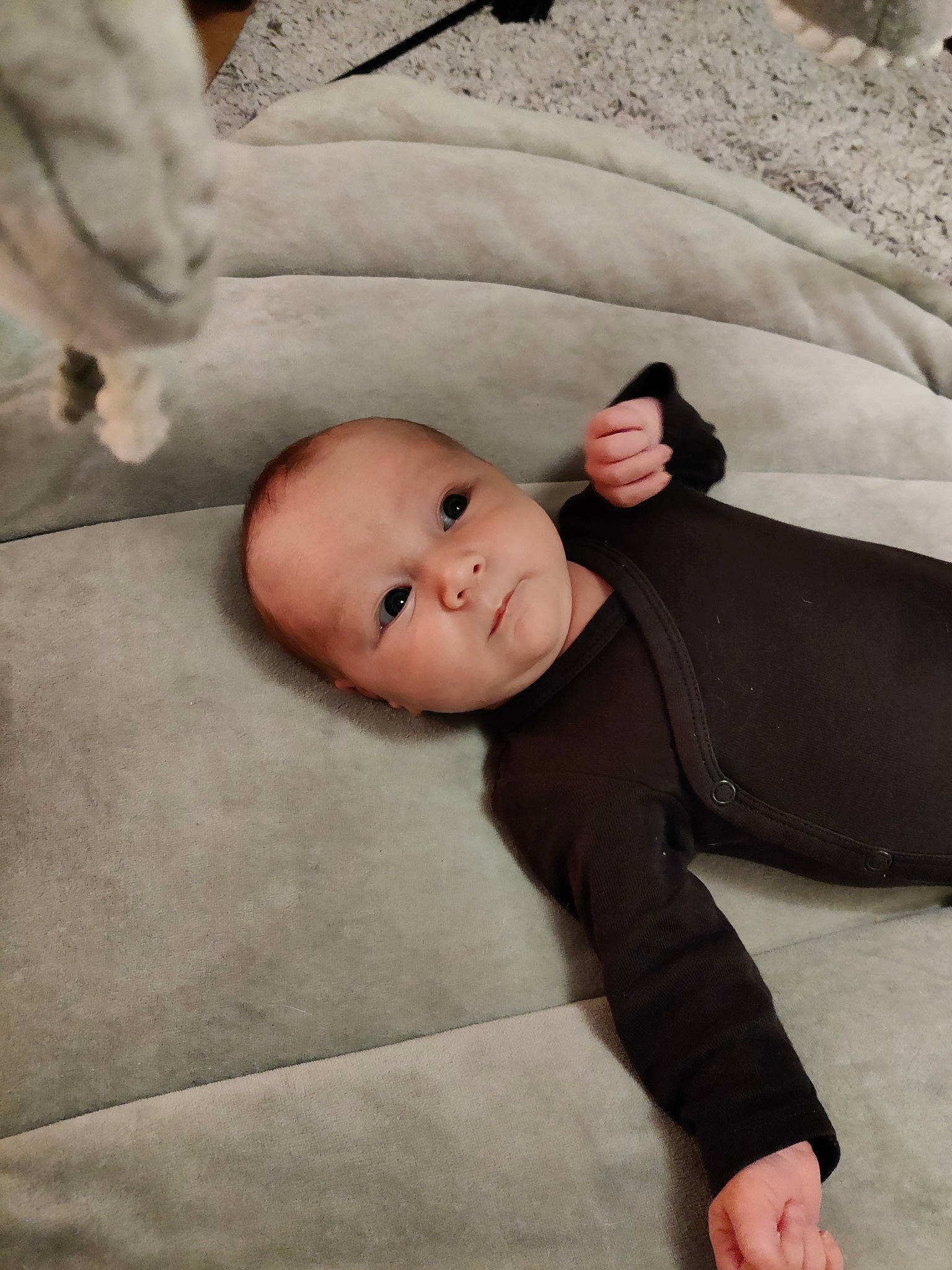 Eliott a rejoint le concours — aidez-le/la à gagner de superbes lots ! baby, baby_toddler_clothing, cheek, chin, comfort, eye, floor, flooring, gesture, head, leg, linens, nose, person, sitting, skin, sleeve, smile, textile, toddler