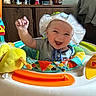 baby, cabinet, child, clothing, colorful, figurine, furniture, happy, hat, headwear, indoor, infant, joyful, person, playful, raising_hand, seat, smiling, toy, walker
