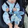 baby, stroller, plush_toy, blue, onesie, child, infant, person, face, hand, foot, outdoor, ground, video_call, screen_overlay, toy, sitting, straps, cute, expression