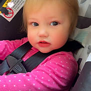 Destiny joined the competition — help win amazing prizes! baby, blonde_hair, blue_eyes, car_seat, child, close_up, cute, expression, face, heart_overlay, indoors, infant, pink_clothing, polka_dot, portrait, safety, seatbelt, soft_lighting, toddler, young_child