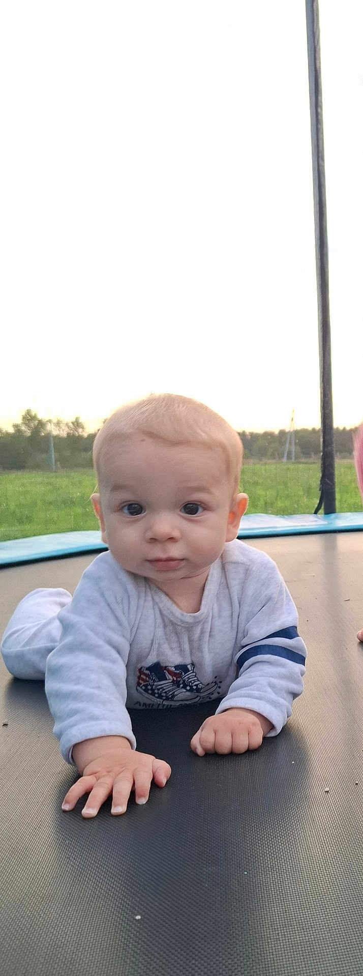 Nathan participe au concours pour gagner de l'argent avec cette photo : baby, child, crawling, trampoline, outdoor, grass, field, sky, young_child, infant, curious, casual_clothing, long_sleeve, daylight, nature, playtime, portrait, face, hand, person