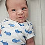 Elias joined the competition — help win amazing prizes! baby, infant, smile, face, eyes, whale_print, onesie, clothing, lying_down, cute, child, newborn, closeup, soft_light, background, fabric, skin, portrait, baby_garment, blue