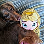 Tessie participe au concours pour gagner de l'argent avec cette photo : blonde_hair, blue_eyes, brown_fur, close_up, companion, cozy, cushion, cute, dog, indoors, pet, pink_dress, plush_doll, relaxed, resting, snuggling, soft_texture, striped_pattern, stuffed_animal, toy